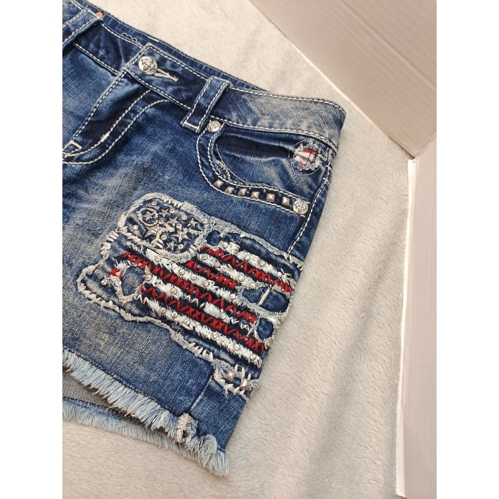 Miss Me Tattered Patriotic Embellished Flag Shorts Crystal Studs 30 Jean Shorts - Picture 3 of 12